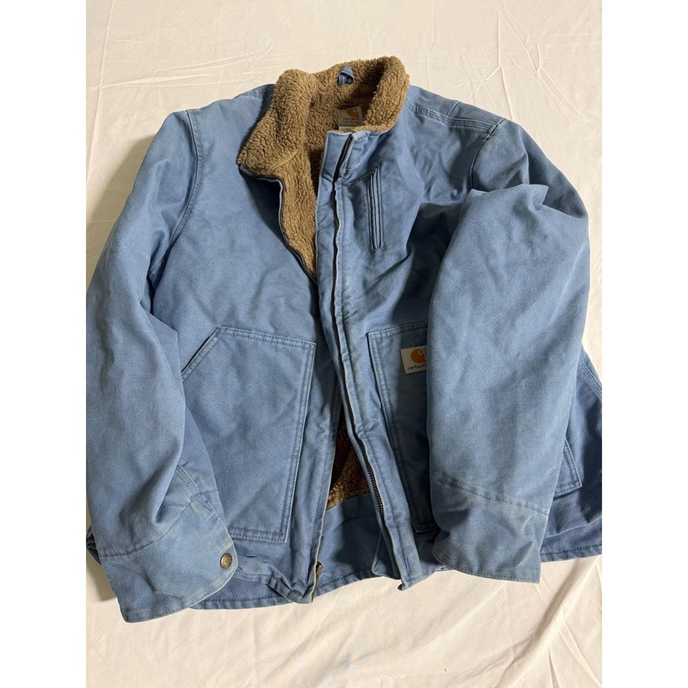 Carhartt Mens Sandstone Sherpa Lined Detroit Jacket Blue Cotton Duck Canvas - Picture 6 of 16